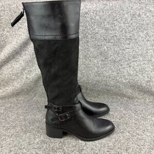 ✅Womens 6M Franco Sarto Lapis Black Knee-High Riding Boots Block Heel Buckle Zip